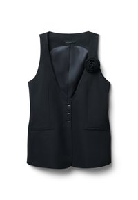 Schwarze Weste mit tiefem V-Ausschnitt, fünf Knopfverschluss, zwei Seitentaschen, Satininnenfutter und einem Stoffblumenakzent an der linken Schulter.