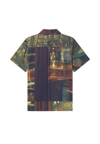 Short-sleeve shirt featuring a mixed-pattern design in green, gold, and brown, showcasing trophies and text details. Smooth fabric texture.