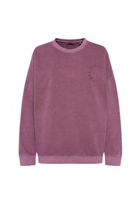 Lila Sweatshirt mit Rundhalsausschnitt, überschnittenen Schultern und gerippten Bündchen. Verfügt über ein dezentes erhabenes Logo auf der Vorderseite. Weicher Stoff.