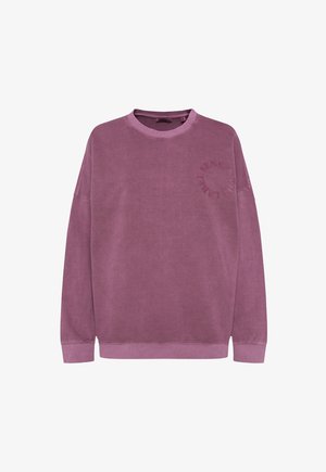 Lila Sweatshirt mit Rundhalsausschnitt, überschnittenen Schultern und gerippten Bündchen. Verfügt über ein dezentes erhabenes Logo auf der Vorderseite. Weicher Stoff.