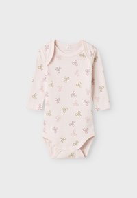 Long-sleeve baby bodysuit in soft pink fabric, featuring a repeated pattern of small bows in shades of pink, green, and brown. Snap closure at bottom.