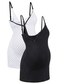 Due camisole per maternità, una nera e l'altra bianca con pois neri. Entrambe presentano spalline regolabili e un design aderente.