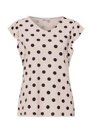 Béžová halenka s krátkými rukávy s černými puntíky, výstřihem do V a mírně zvlněnými lemy rukávů.