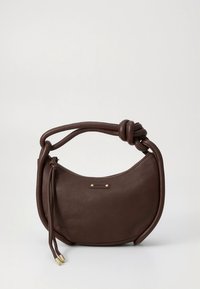 Brown leather handbag with a curved shape and a knotted handle. Features a gold logo plate and drawstring detailing with gold hardware accents.