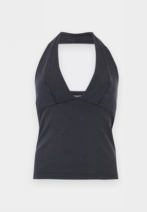 Black halter neck top with deep V-neckline and fitted waist, designed without sleeves on a plain background.