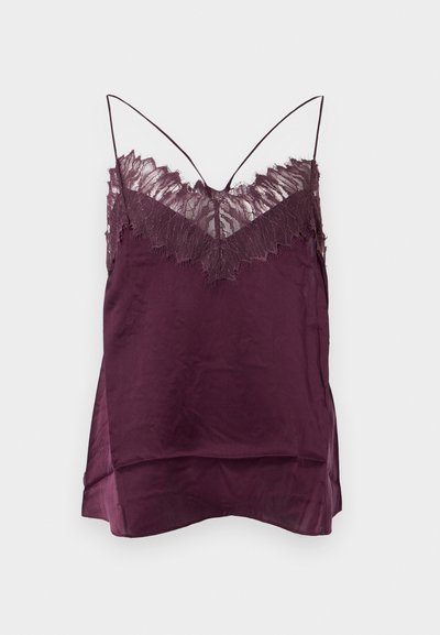 Burgundi värvi kampsun, millel on pitsiga kaelus ja spagettirihmad, omades siledat satiinset tekstuuri ja kumerat allääre.