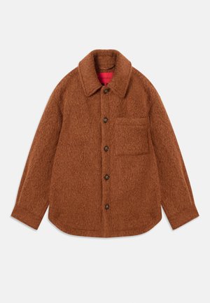 Bruine wollen overhemdjacket met een gestructureerde afwerking, een kraag en knoopsluitingen. Bevat een enkele borstzak aan de linkerkant.