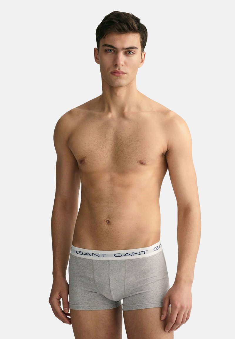 Gray cotton boxer briefs with a white waistband featuring navy "GANT" logo. Smooth texture and fitted design. Plain without patterns.