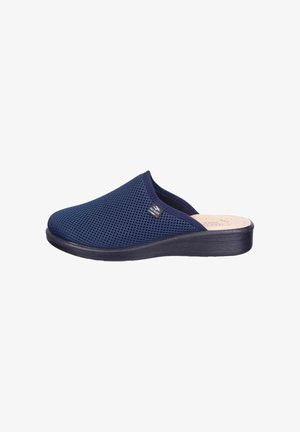 Navy blue slip-on slipper with breathable mesh upper and cushioned black sole, side tag reading "Fly Flot."