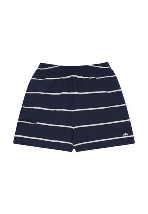 Shorts bleu marine à rayures horizontales blanches, taille élastique et petit logo blanc en bas à droite de la jambe.
