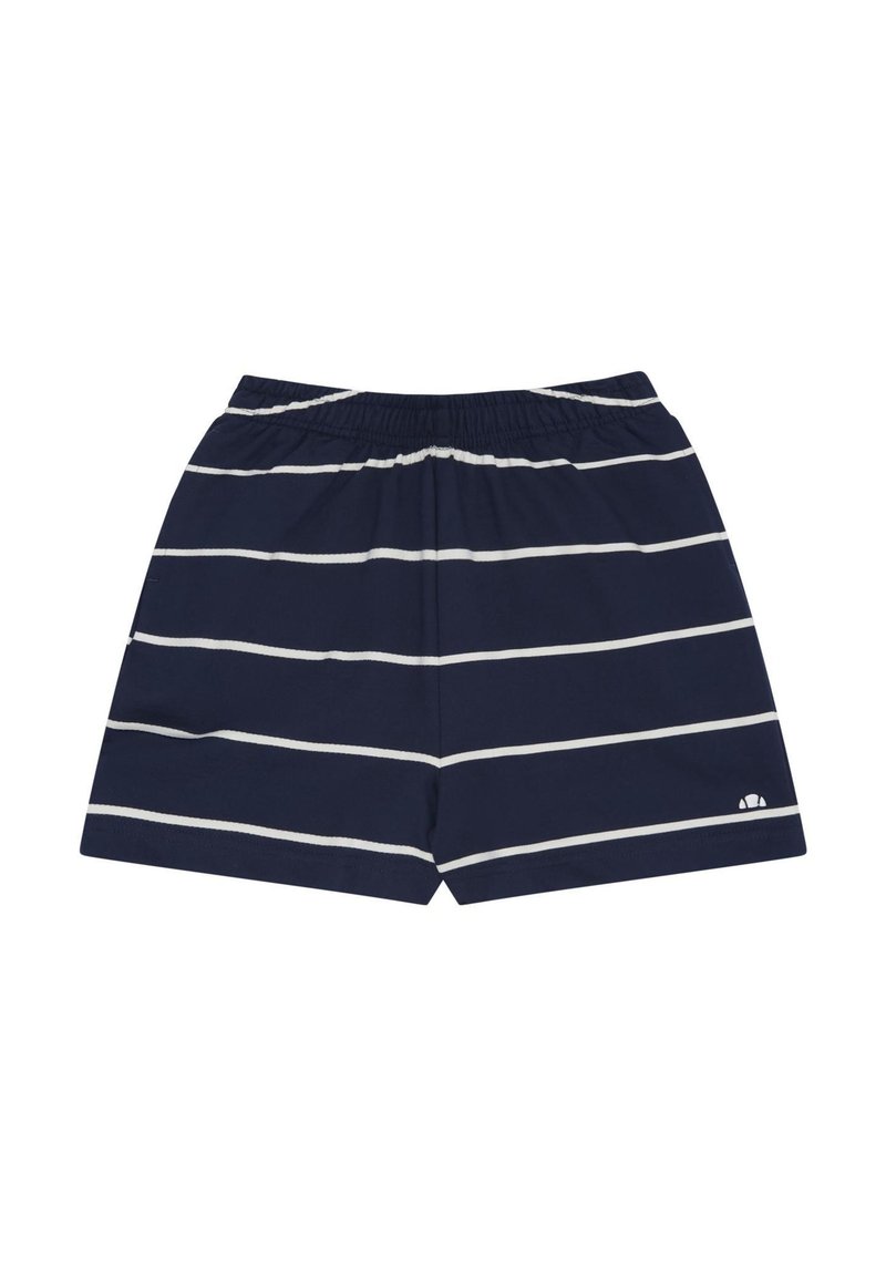 Shorts bleu marine à rayures horizontales blanches, taille élastique et petit logo blanc en bas à droite de la jambe.