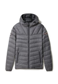 Gray quilted hooded jacket with front zipper, zippered pockets, and brand patches on both sleeves, laid flat on white background.