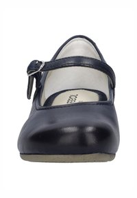 Navy blue nahkakengät Mary Jane -tyyliin, joissa on pyöreä kärki, säädettävä hihna ja sileä, kiiltävä pinta päällä. Litteä pohja.
