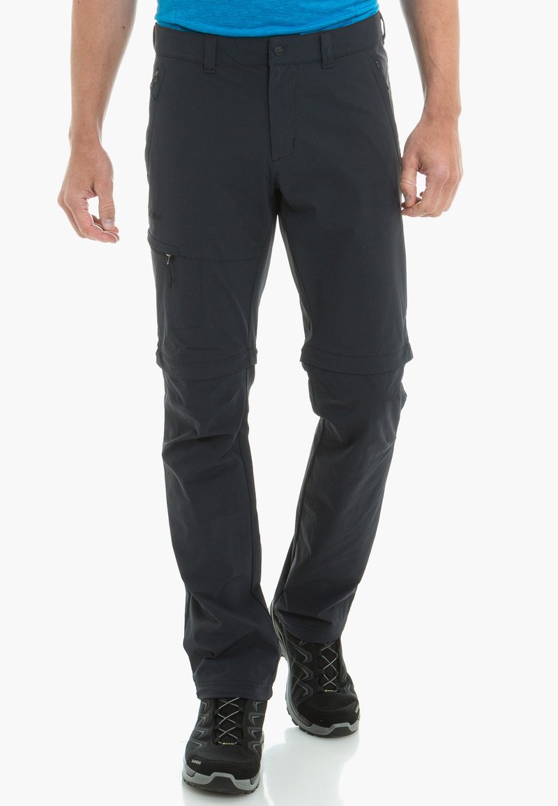 Pantalones cargo negros para hombre fabricados con un tejido ligero y duradero. Presentan bolsillos con cremallera, puños ajustables y un diseño de pierna recta.