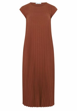 Ärmelloses, rostbraunes, plissiertes Midikleid mit rundem Ausschnitt und weiter A-Linien-Silhouette.