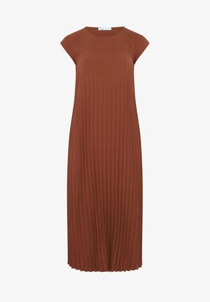 Abito midi plissettato color ruggine senza maniche, con scollo rotondo e silhouette ampia a linea ad A.