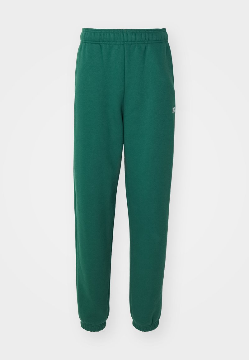 Groene sweatpants van zacht materiaal, met een elastische tailleband en afgewerkte manchetten, voorzien van een klein logo aan de zijkant.