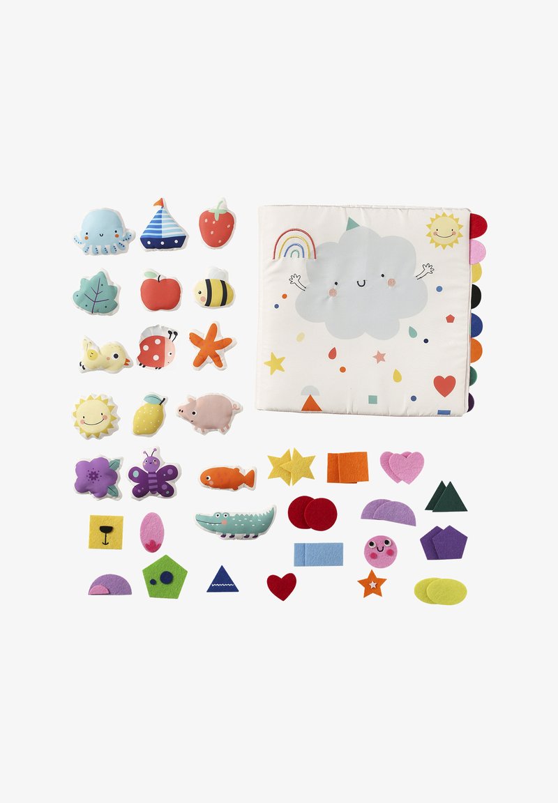 Soft fabric activity book with colorful fabric shapes and characters, featuring various textures and playful designs in bright hues.