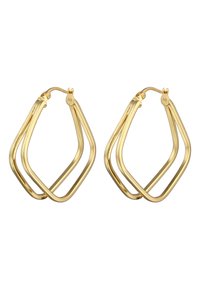 Goldene Creolenohrringe mit einem doppelschichtigen geometrischen Design, das eine glatte Oberfläche und einen sicheren Verschluss aufweist.