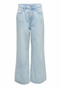 Jean large couleur bleu clair en tissu denim, avec une taille haute, des poches avant et une fermeture classique à boutons à la taille.