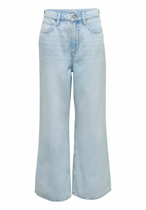 Ljusblå jeans med vida ben i denimmaterial, med hög midja, framfickor och klassisk knappstängning i midjan.