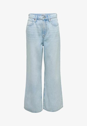 Ljusblå jeans med vida ben i denimmaterial, med hög midja, framfickor och klassisk knappstängning i midjan.