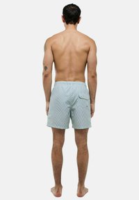 Shorts de bain rayés bleu clair avec une taille élastique et une poche arrière, vus de dos sur un modèle à la peau nue.