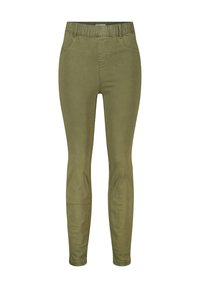 Olijfgroene skinny broek met een elastische tailleband, met een gladde textuur en zonder zichtbare hardware of accenten.