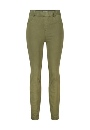 Pantalons skinny vert olive avec une taille élastique, présentant une texture lisse sans quincaillerie ou accents visibles.
