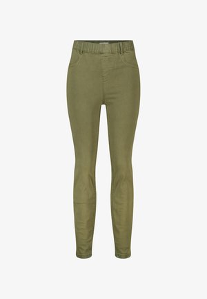 Olijfgroene skinny broek met een elastische tailleband, met een gladde textuur en zonder zichtbare hardware of accenten.
