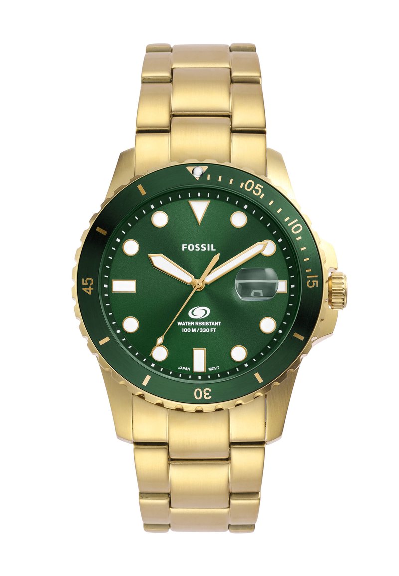 Montre en acier inoxydable doré avec un cadran vert, des index horaires blancs, une fenêtre de date et une lunette tournante. Étanche jusqu'à 100 mètres.