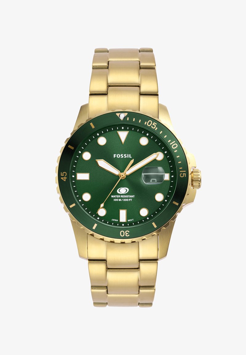 Gold-tone stainless steel watch with a green dial, white hour markers, date window, and a rotating bezel. Water-resistant to 100 meters.