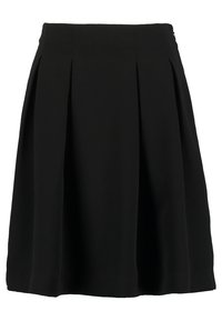 Gonna a pieghe nera realizzata in un tessuto liscio. Presenta una vita alta e arriva a metà polpaccio con una silhouette classica.