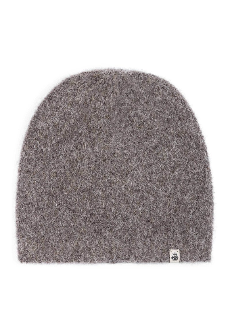 Gray knitted beanie made from soft, fuzzy material. Rounded shape with a small brand tag on the side. Textured finish with subtle variations.