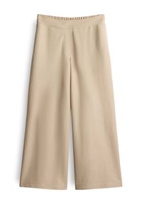 Beige weite Hose mit elastischem Bund, glatter Textur und minimalen Nähdetails, entworfen für Komfort und Leichtigkeit beim Tragen.