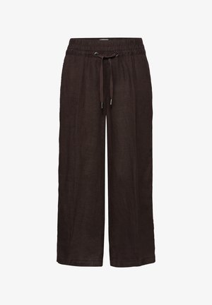 Tummanruskeat leveälahkeiset housut, joissa on joustava vyötärö ja kiristysnauha, valmistettu kevyestä kankaasta.