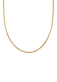 Collar de cadena de oro con eslabones ovalados y un acabado suave, que exhibe un brillo constante y una textura flexible.