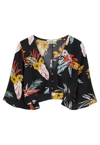 Kortærmet sort blomsterbluse med V-hals, farverige tropiske mønstre, knapper fortil og en cropped design.