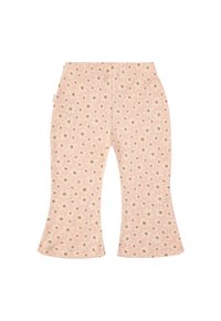 Pantalons en velours côtelé rose à jambes évasées avec une texture côtelée, présentant un motif répété de petits points dorés. Ceinture élastique incluse.