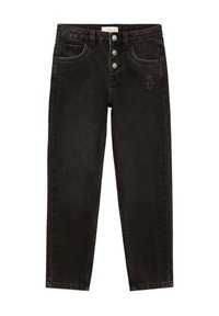 Crne traperice s visokim strukom, s dizajnom od pet džepova i zatvaranjem na tri gumba. Sadrže suptilne istrošenosti na jednoj nozi.