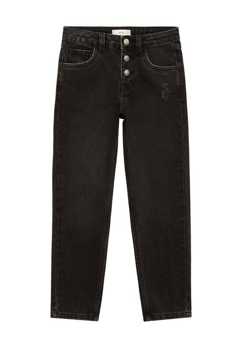 Crne traperice s visokim strukom, s dizajnom od pet džepova i zatvaranjem na tri gumba. Sadrže suptilne istrošenosti na jednoj nozi.