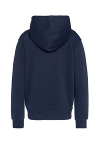 Felpa con cappuccio blu navy dal texture liscia, con polsini e orlo a costine. Sul retro presenta un design semplice e non decorato.