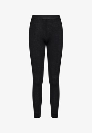 Schwarze Leggings aus einem weichen, dehnbaren Material. Sie haben einen hohen Bund und eine enganliegende Silhouette, mit Bündchen am Knöchel.