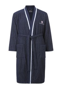 Navy blue patterned robe with white accents, featuring long sleeves, a tie waist, and two front pockets. Soft fabric texture.