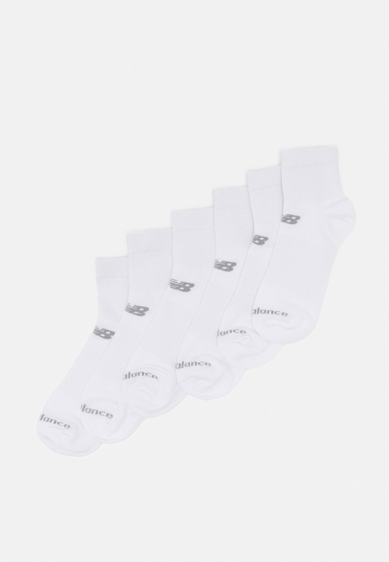 White ankle socks, cotton blend, featuring a ribbed texture and gray logo accents. Set of six, uniform design with rounded toe.