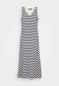 Pasekowa, bezrękawnikowa sukienka w kolorze granatowym i białym. Ma dekolt w kształcie litery V oraz rozkloszowany fason. Wykonana z lekkiego materiału, z bocznymi akcentami.