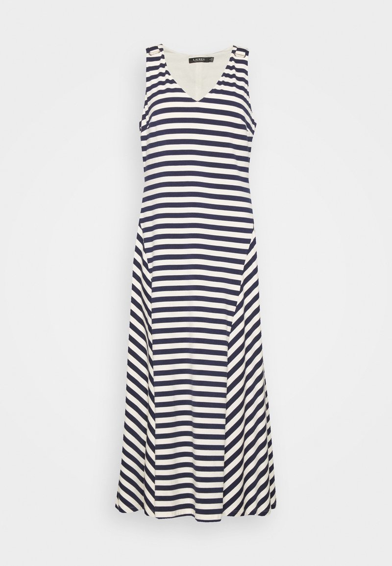 Pasekowa, bezrękawnikowa sukienka w kolorze granatowym i białym. Ma dekolt w kształcie litery V oraz rozkloszowany fason. Wykonana z lekkiego materiału, z bocznymi akcentami.