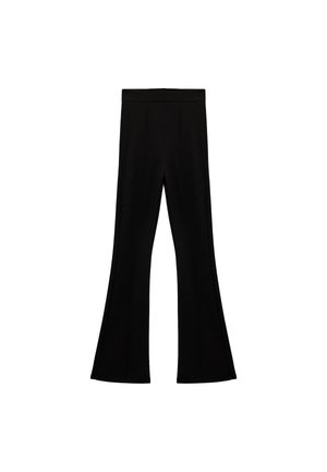 Sorte højttaljede flared bukser med front sømdetaljer, tætsiddende øverst og bredere fra knæet og ned.