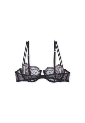 Schwarzer BH mit transparenten Mesh-Cups, die mit aufwendigen Spitzenverzierungen und dekorativen Akzenten versehen sind. Dünne, verstellbare Träger für ein minimalistisches Design.