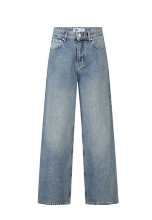 Blauwe denim spijkerbroeken met een hoge taille, wijde pijpen, sluiting met knoop en ritssluiting aan de voorkant en zichtbare zakken.